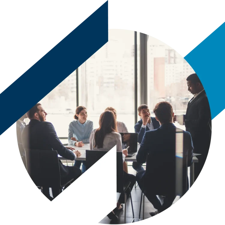 circular image of a business meeting with decorative color bars around the image